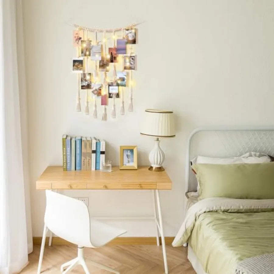 Macrame Hanging Photo Display Wall Decor with String Lights Boho Room Bedroom Wooden Beads Garland Picture