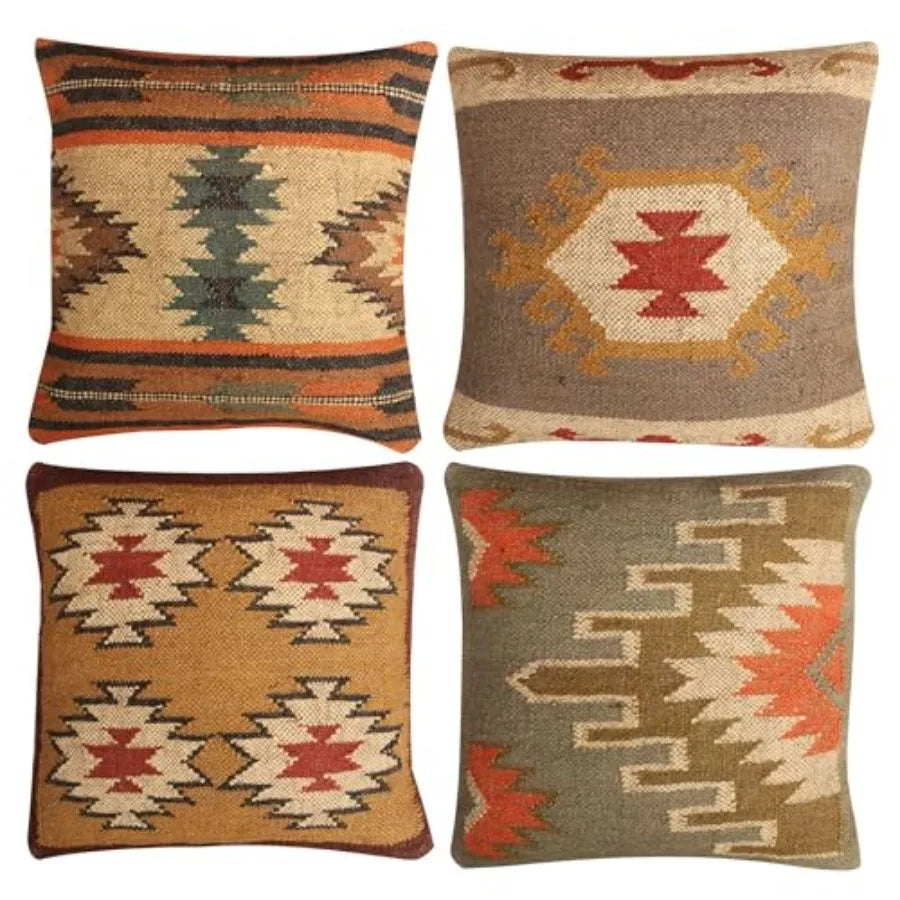 Set of 4 Turkish Handwoven Wool Jute Vintage Kilim Cushion Covers