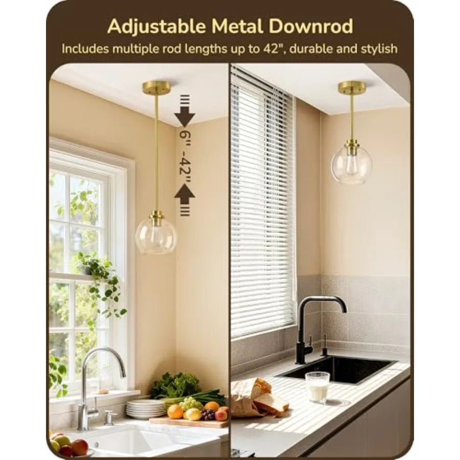 Pendant Light Fixtures with Clear Glass Globe Shade, Kitchen Hanging Lighting Over Island, Hardwired Adjustable