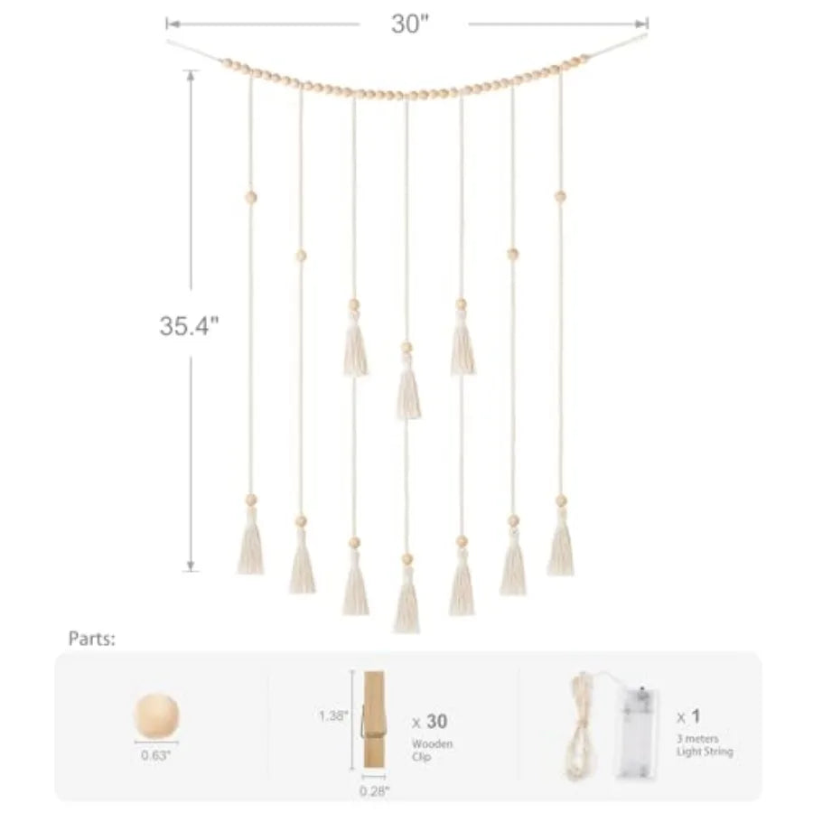 Macrame Hanging Photo Display Wall Decor with String Lights Boho Room Bedroom Wooden Beads Garland Picture