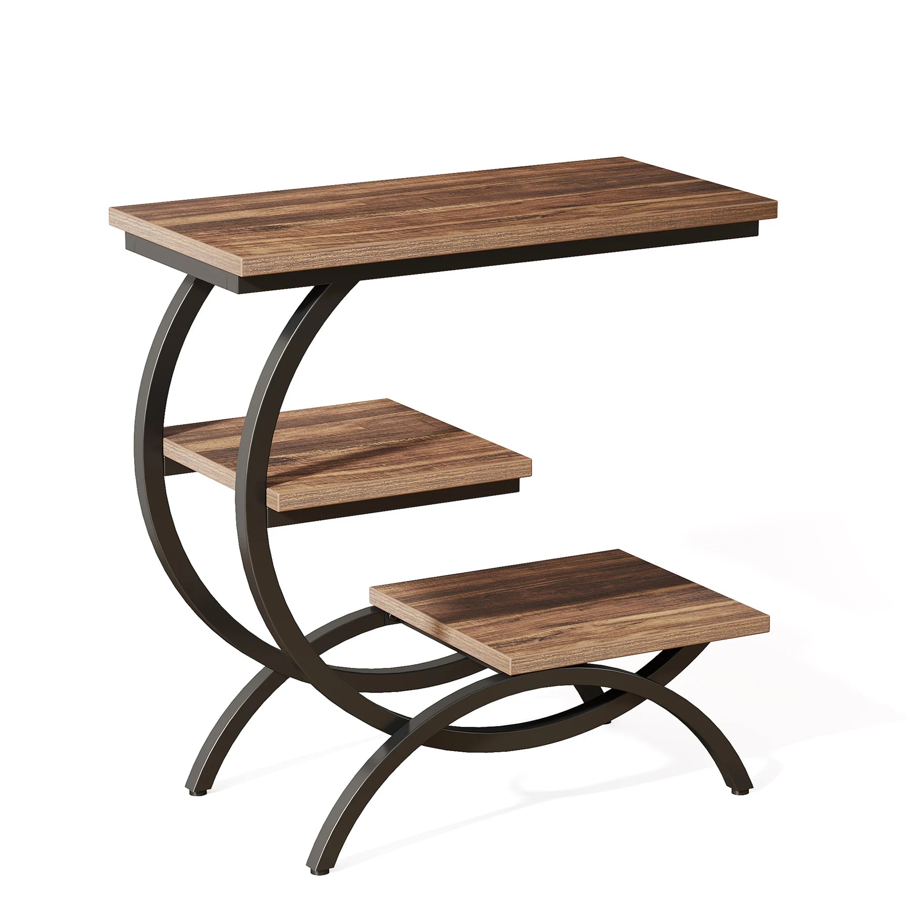 C-Shaped End Table, Industrial 3-Tier Small Table Wood with Storage Shelves