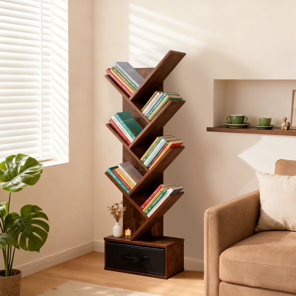 43" Geometric Tree Wooden Book Rack 7-Tier with bottom Drawer Slim Corner