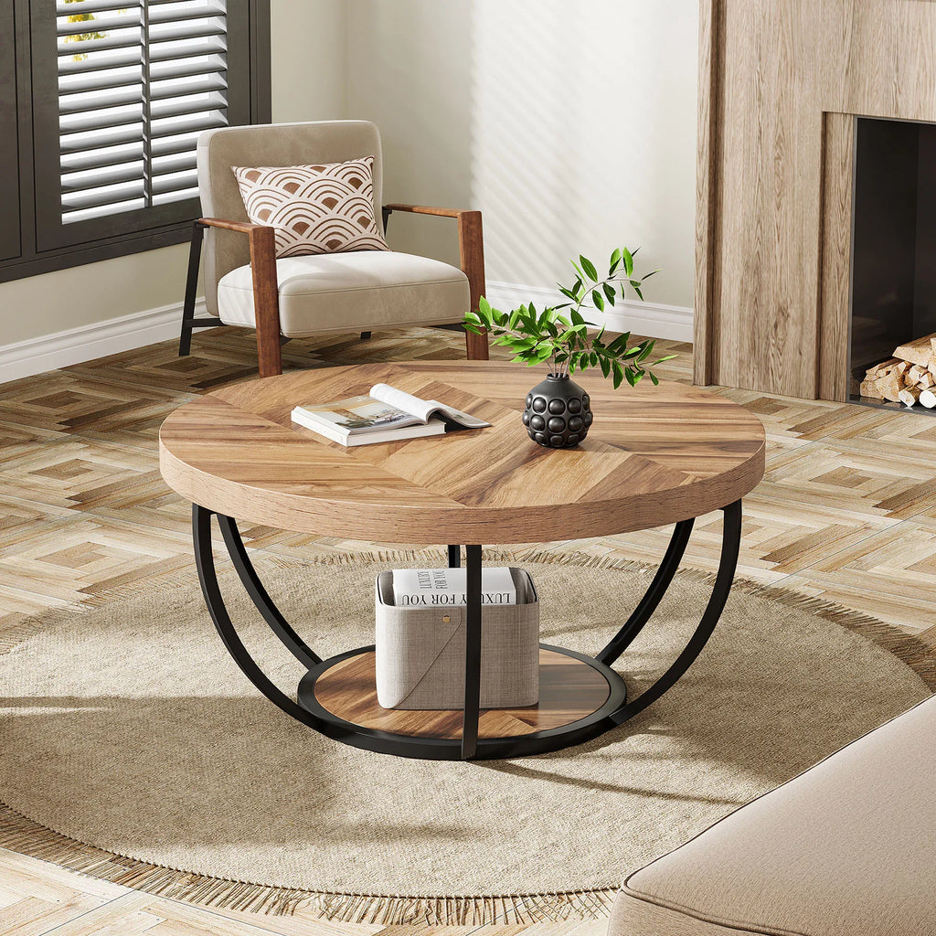 31.7" Round Table, Industrial 2-Tier Circle with Storage Shelves, Modern Wooden Accent Center Tab