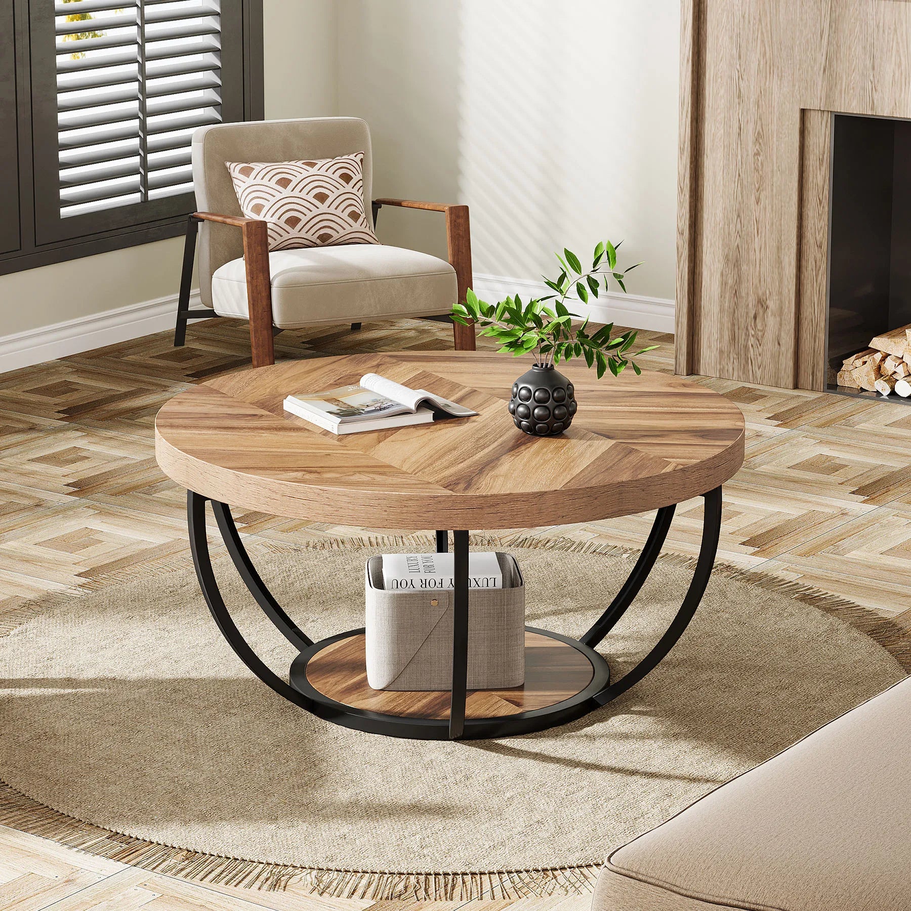 31.7" Round Table, Industrial 2-Tier Circle with Storage Shelves, Modern Wooden Accent Center Tab