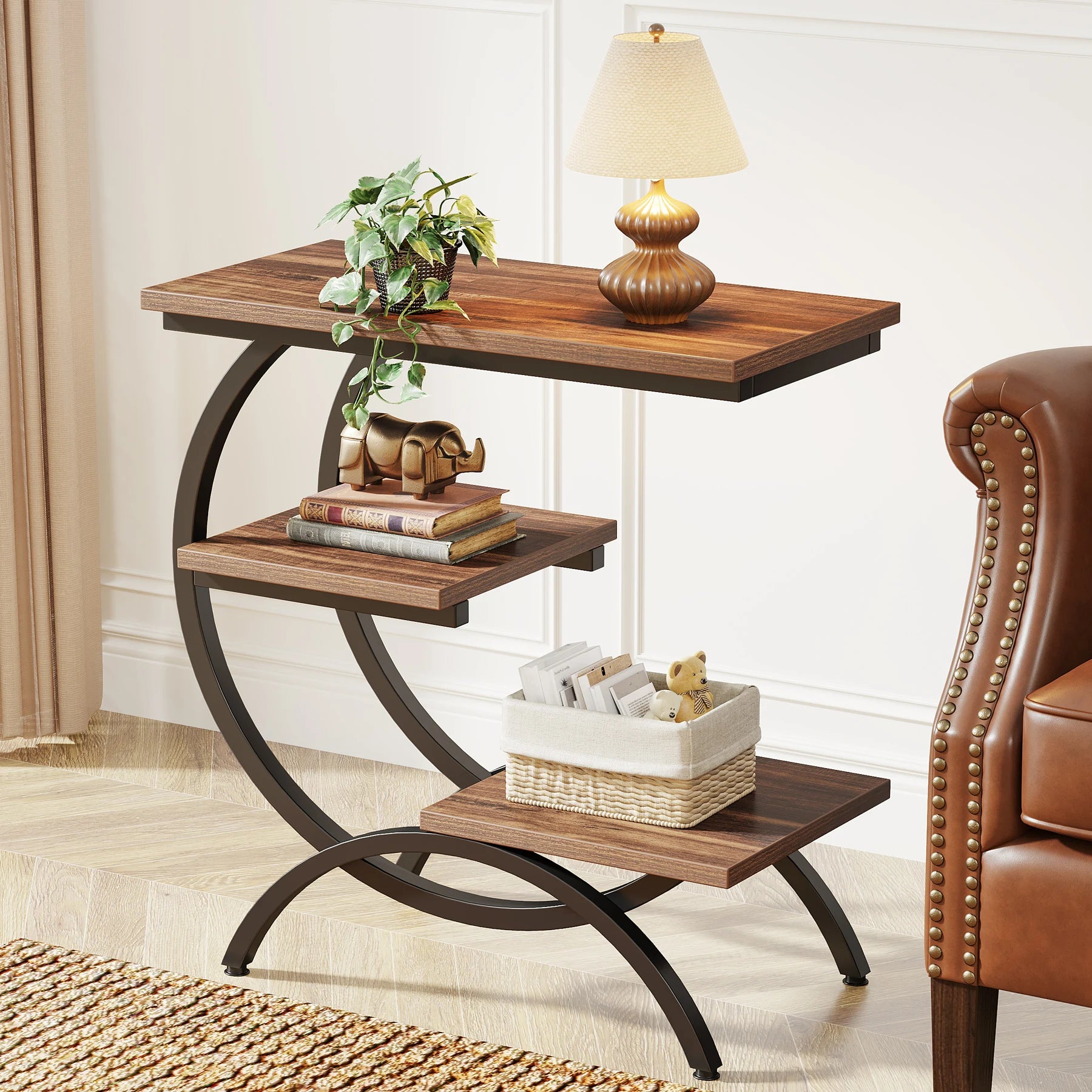 C-Shaped End Table, Industrial 3-Tier Small Table Wood with Storage Shelves