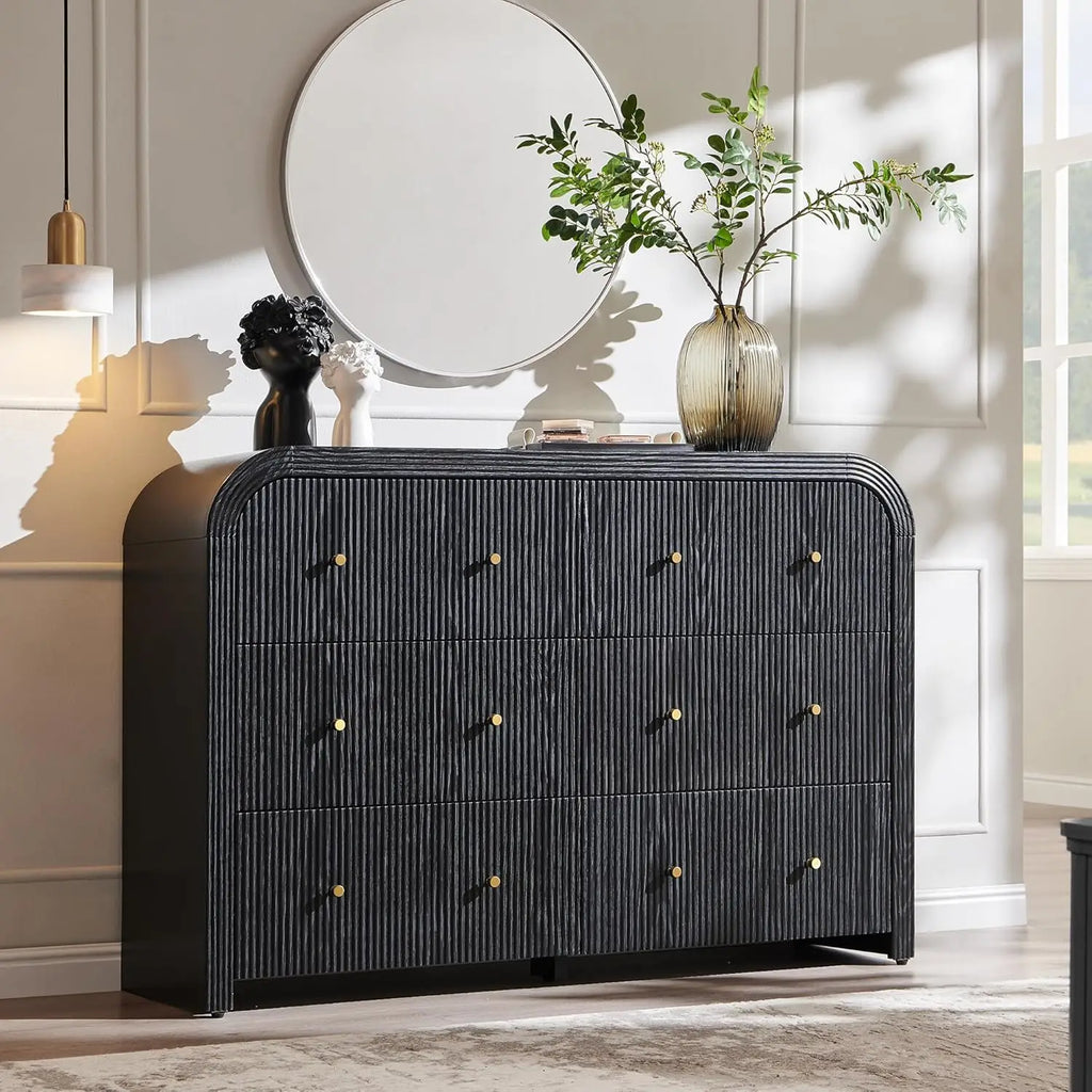Fluted Wood, Wide, Curved 6 Drawer Dresser Bedroom 54in TV Stand Living Room Hallway Oak