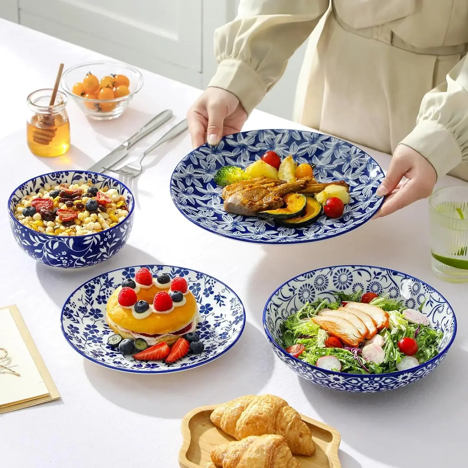 Plates and Bowls Set for 6, 24 Pieces Dinnerware Sets, Mircowave and Dishwasher Safe Dishes Set, Porcelain