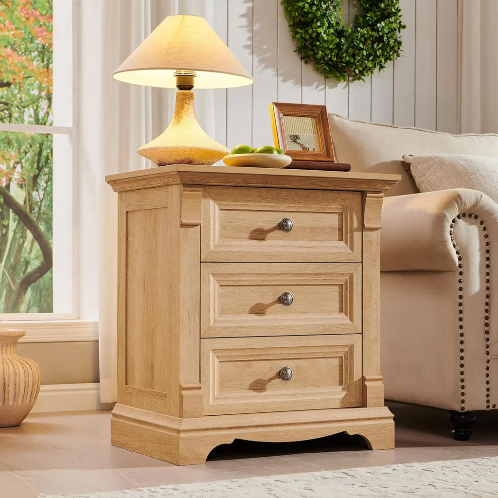 Farmhouse Wood 26" Tall Nightstand with Charging Station, 23.6"  3 Drawers Storage