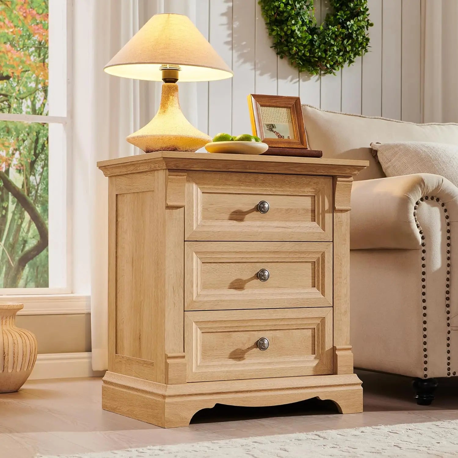 Farmhouse Wood 26" Tall Nightstand with Charging Station, 23.6"  3 Drawers Storage