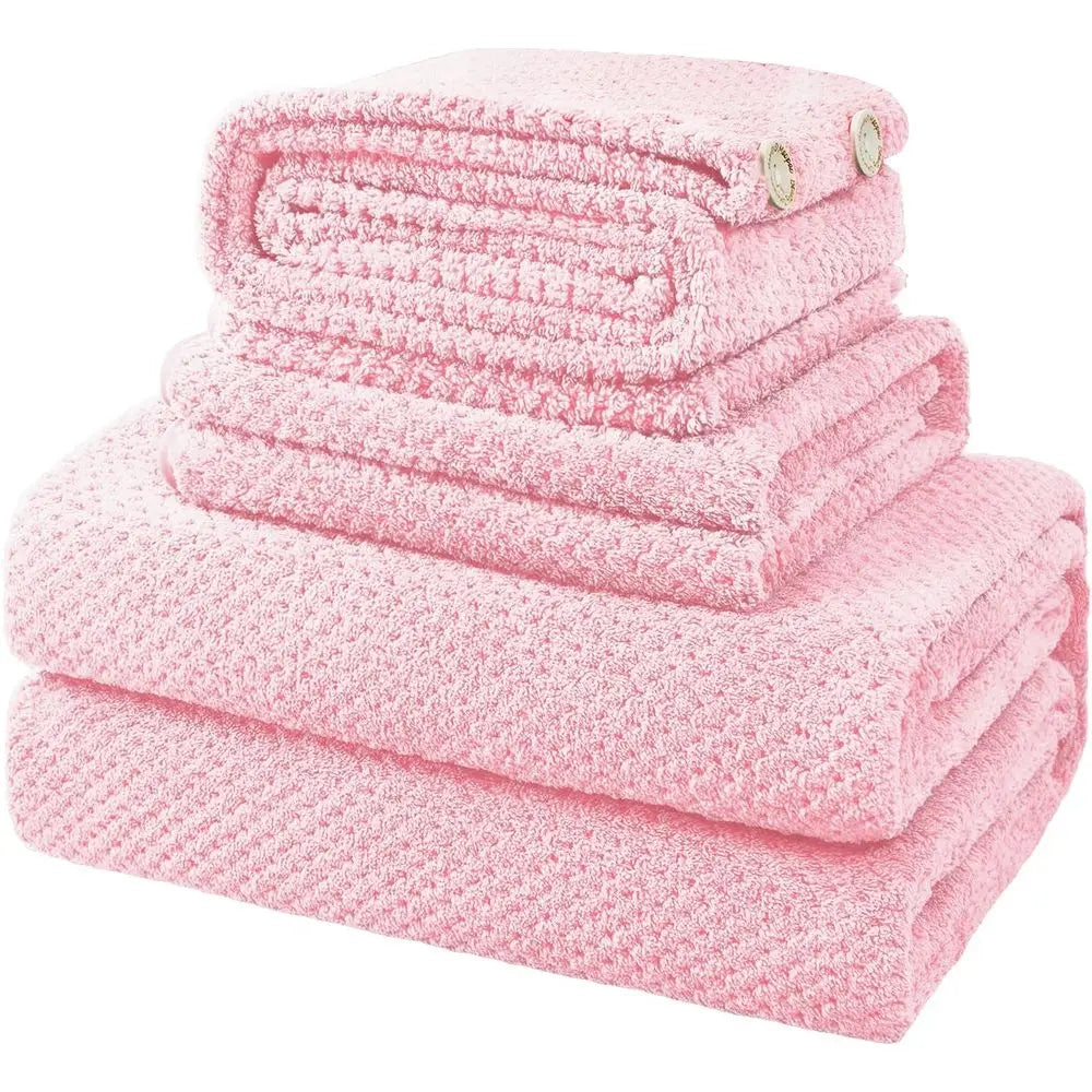 4-Piece Pink Towel Set: Extra Large Bath, Hand, and Hair Towels with Washcloths - Absorbent and Quick Dry