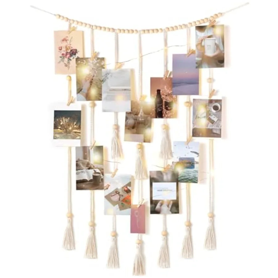 Macrame Hanging Photo Display Wall Decor with String Lights Boho Room Bedroom Wooden Beads Garland Picture