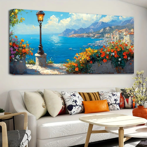 1.5 inch thick pine solid wood frame, canvas mural, bedroom blue coastal ocean flower scenery sailing boat,