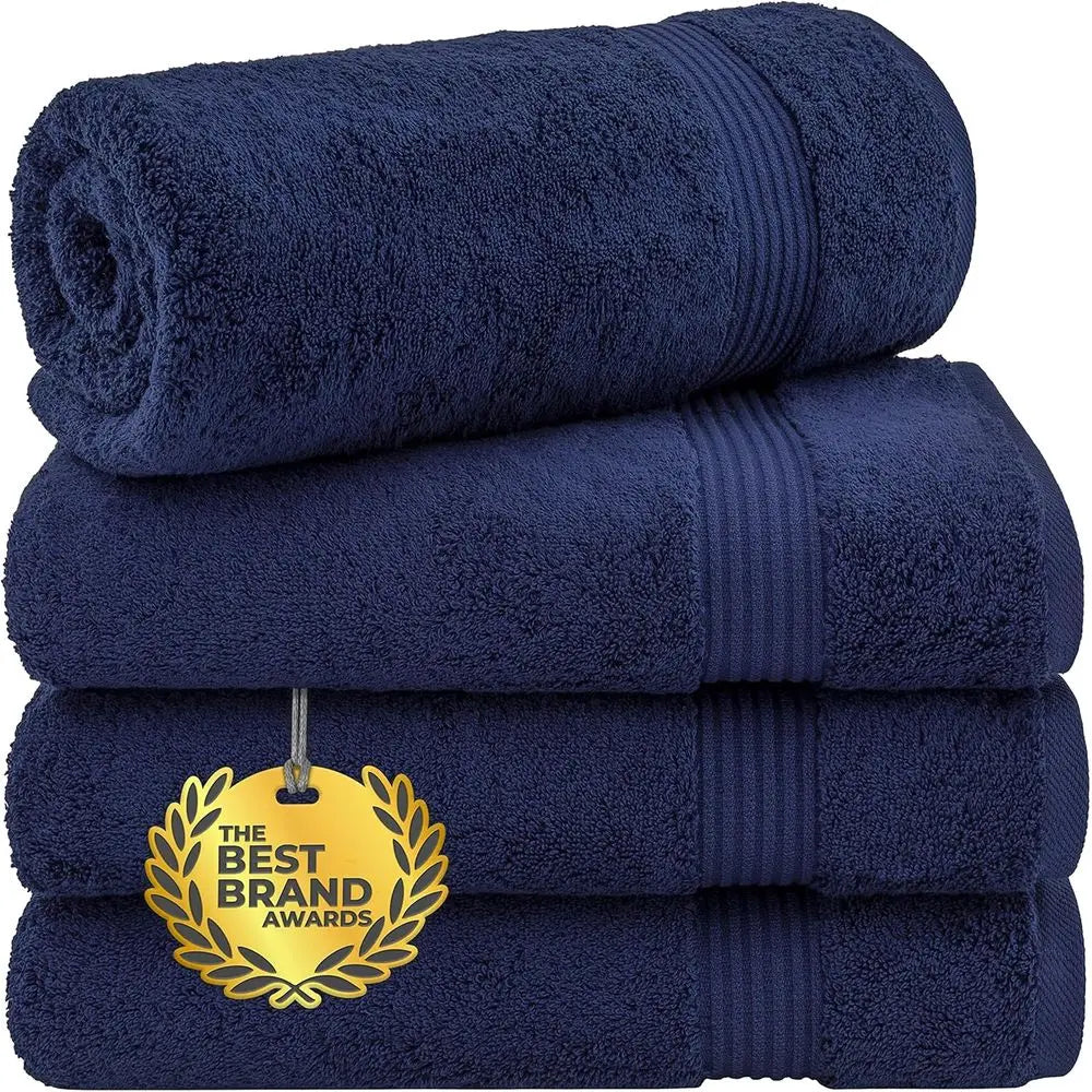 4-Piece Navy Blue Cotton Extra Large Plush Bath Towel Set cotton