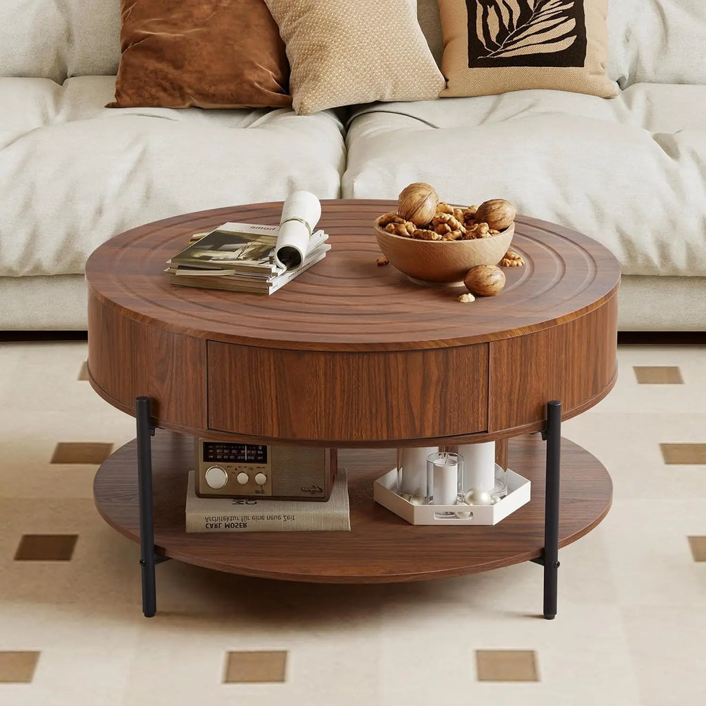 2-Tier Rustic Circle Table with Storage Shelf