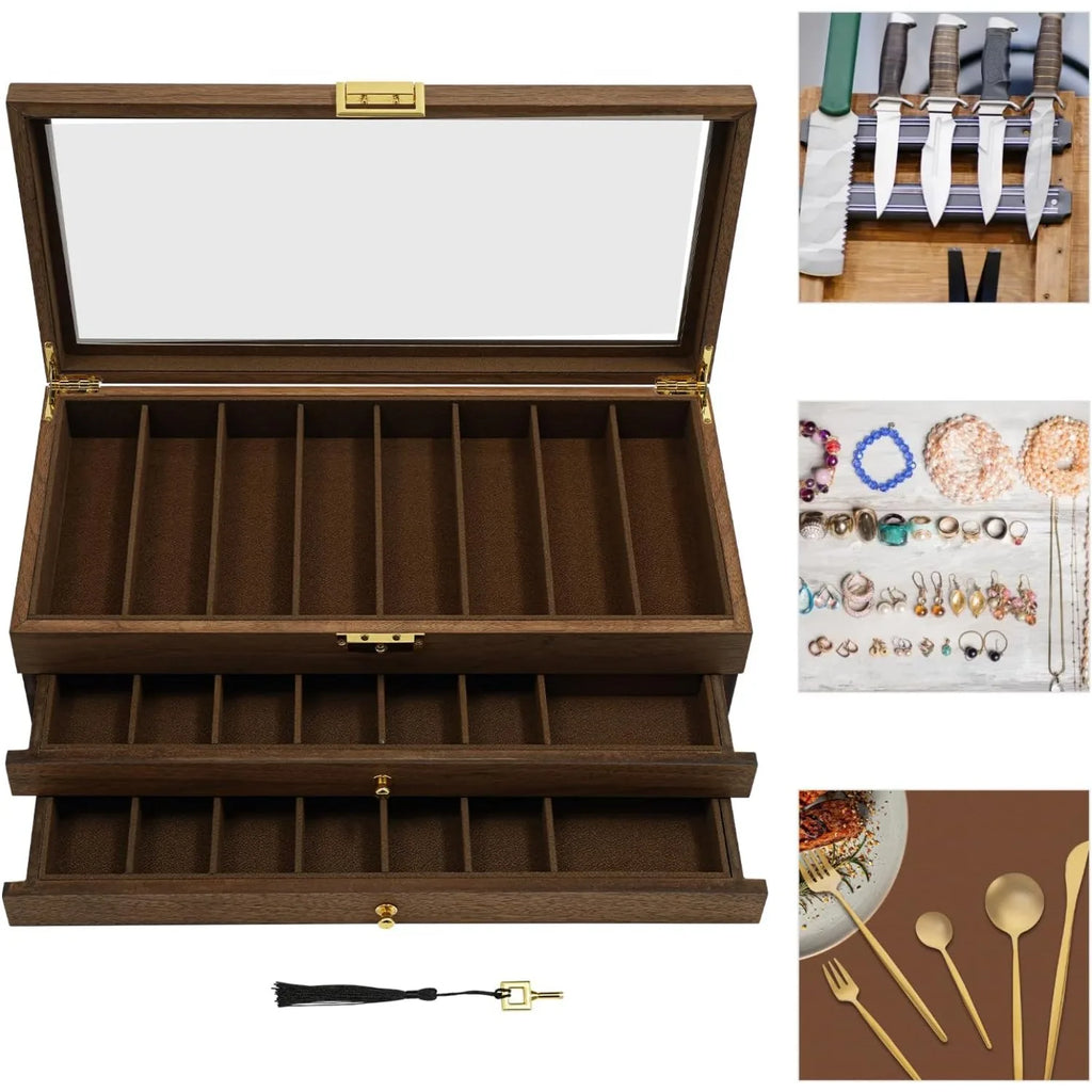 3-Layer Pocket Knife Display Case, 22 Slot Lockable Knife Storage Box with Clear Glass Lid, Wooden Collector  Knives - Walnut Color