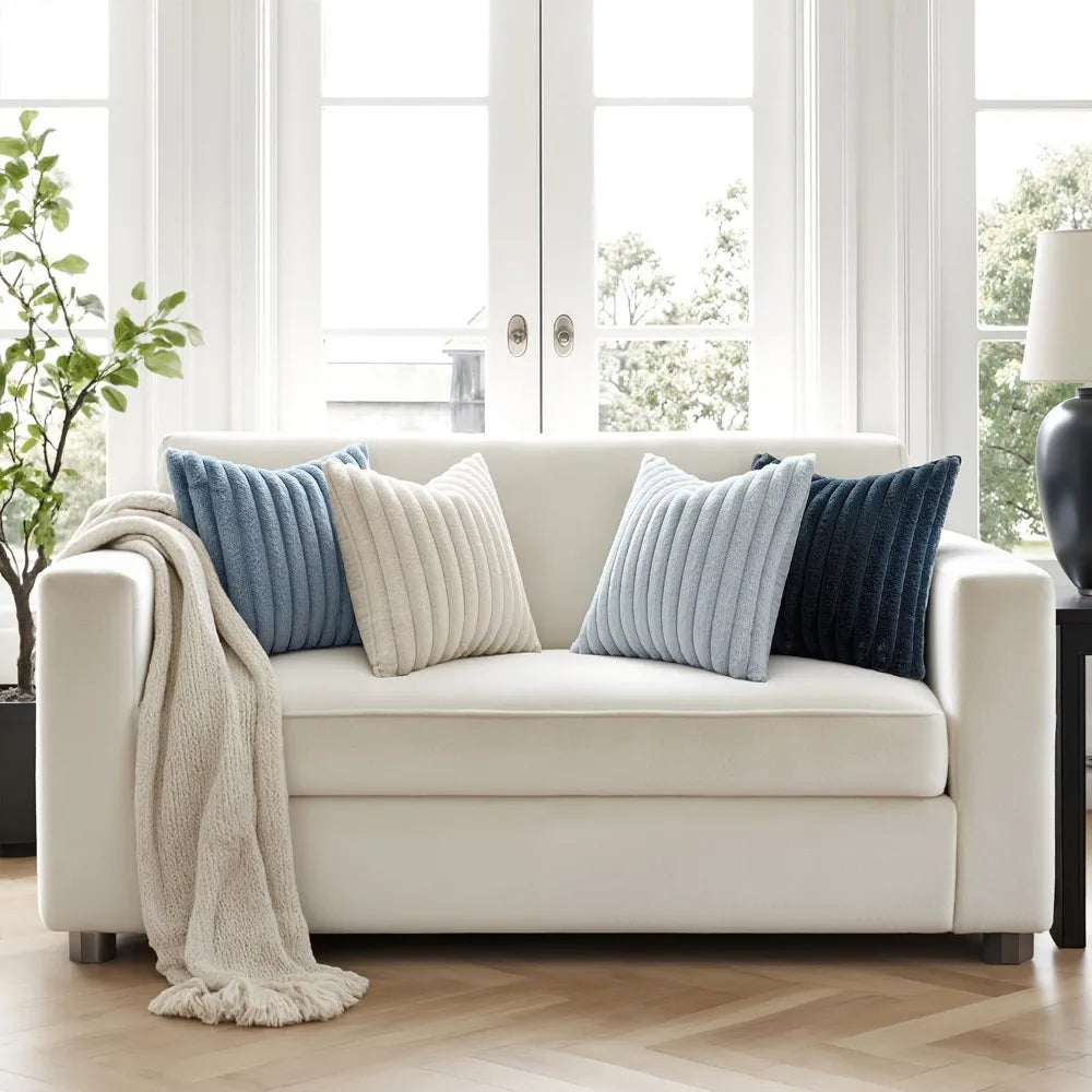 Throw Pillow Covers 18x18 Set of 4, Soft Fuzzy Striped