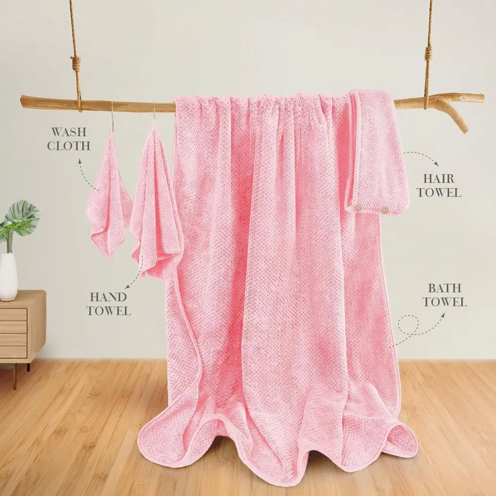 4-Piece Pink Towel Set: Extra Large Bath, Hand, and Hair Towels with Washcloths - Absorbent and Quick Dry