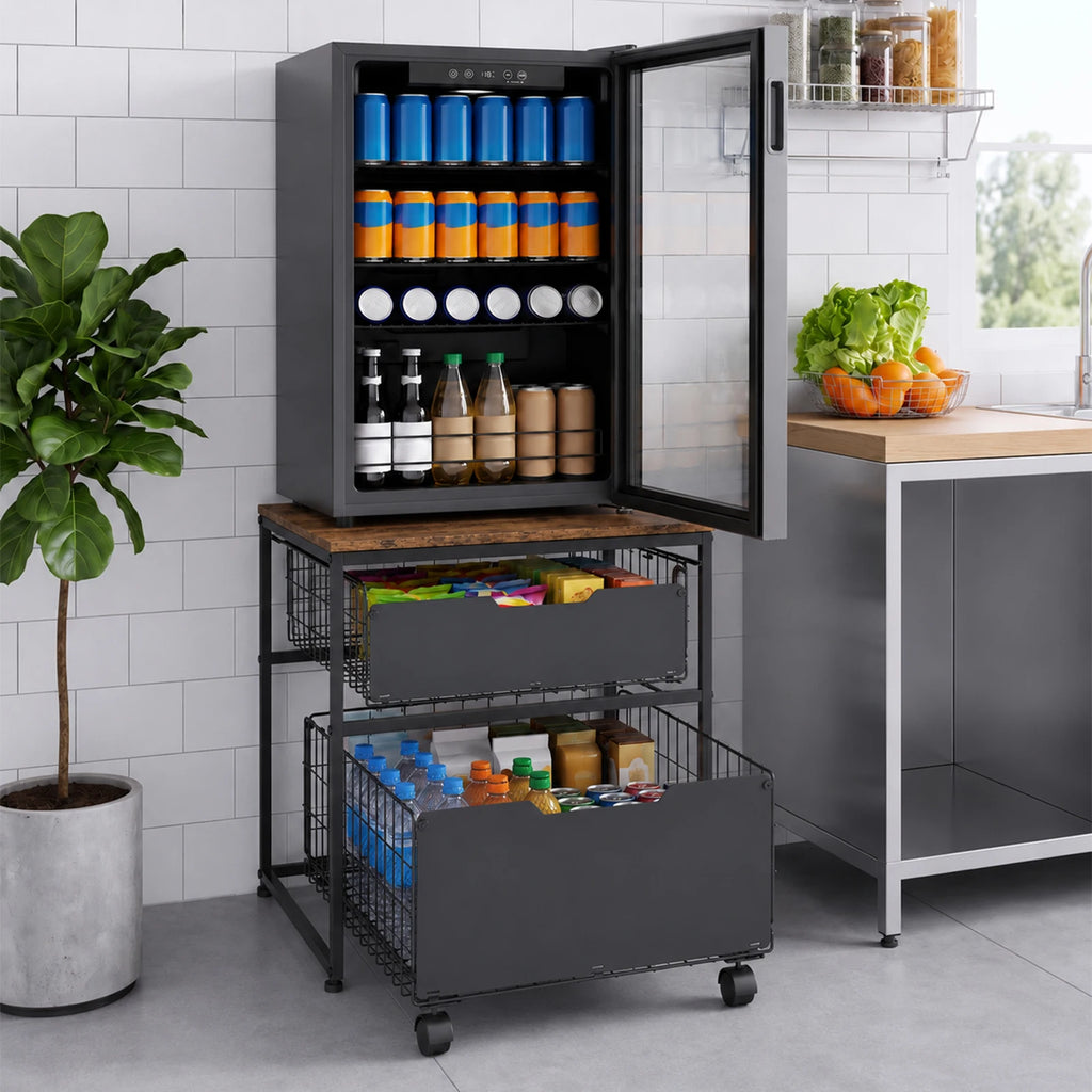 22x22IN Small Fridge Stand with Metal Storage Drawer Basket, Black | Table for Mini Fridge with Steel Frame and 4 Wheels, 300LBS Compact, Multi-Functional