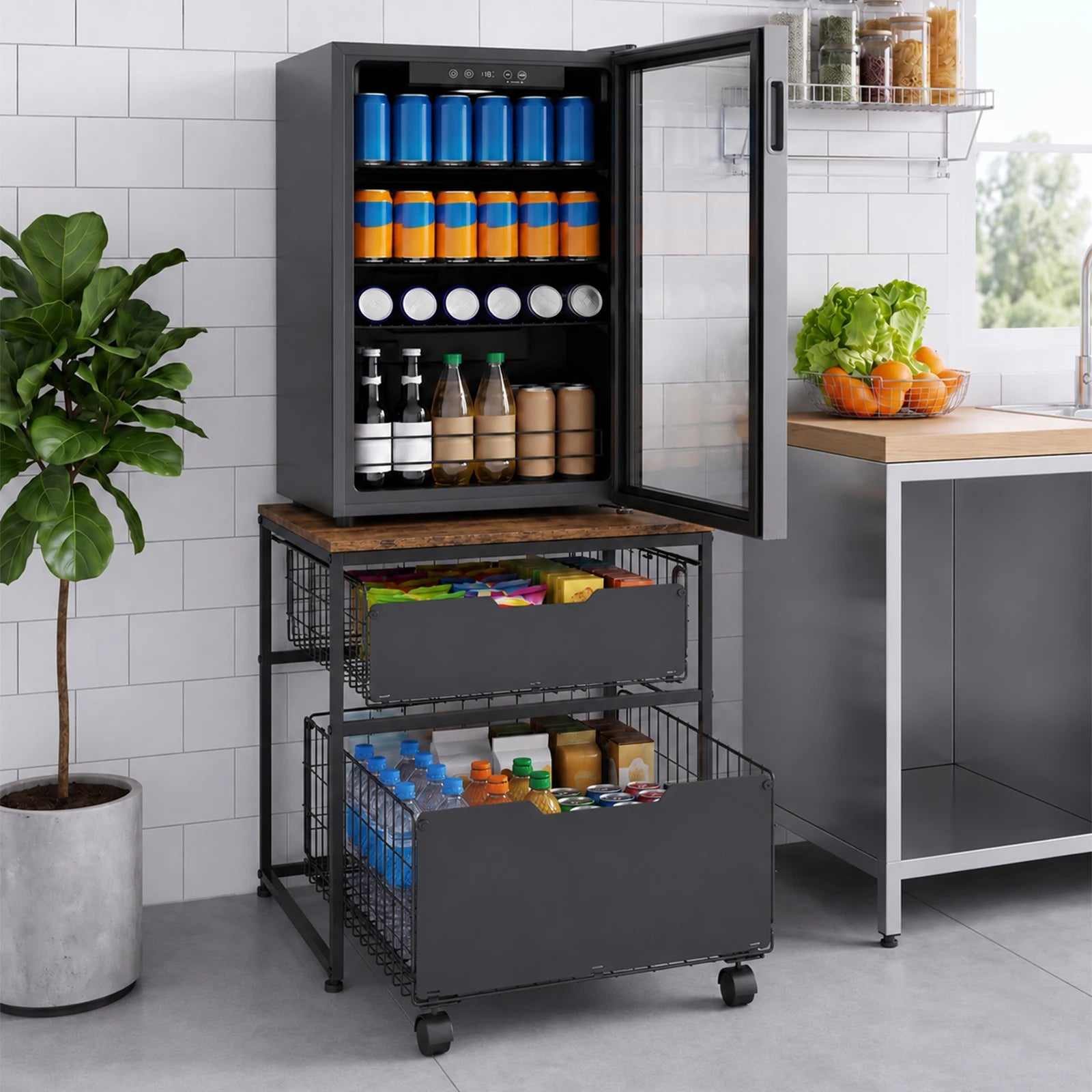 22x22IN Small Fridge Stand with Metal Storage Drawer Basket, Black | Table for Mini Fridge with Steel Frame and 4 Wheels, 300LBS Compact, Multi-Functional