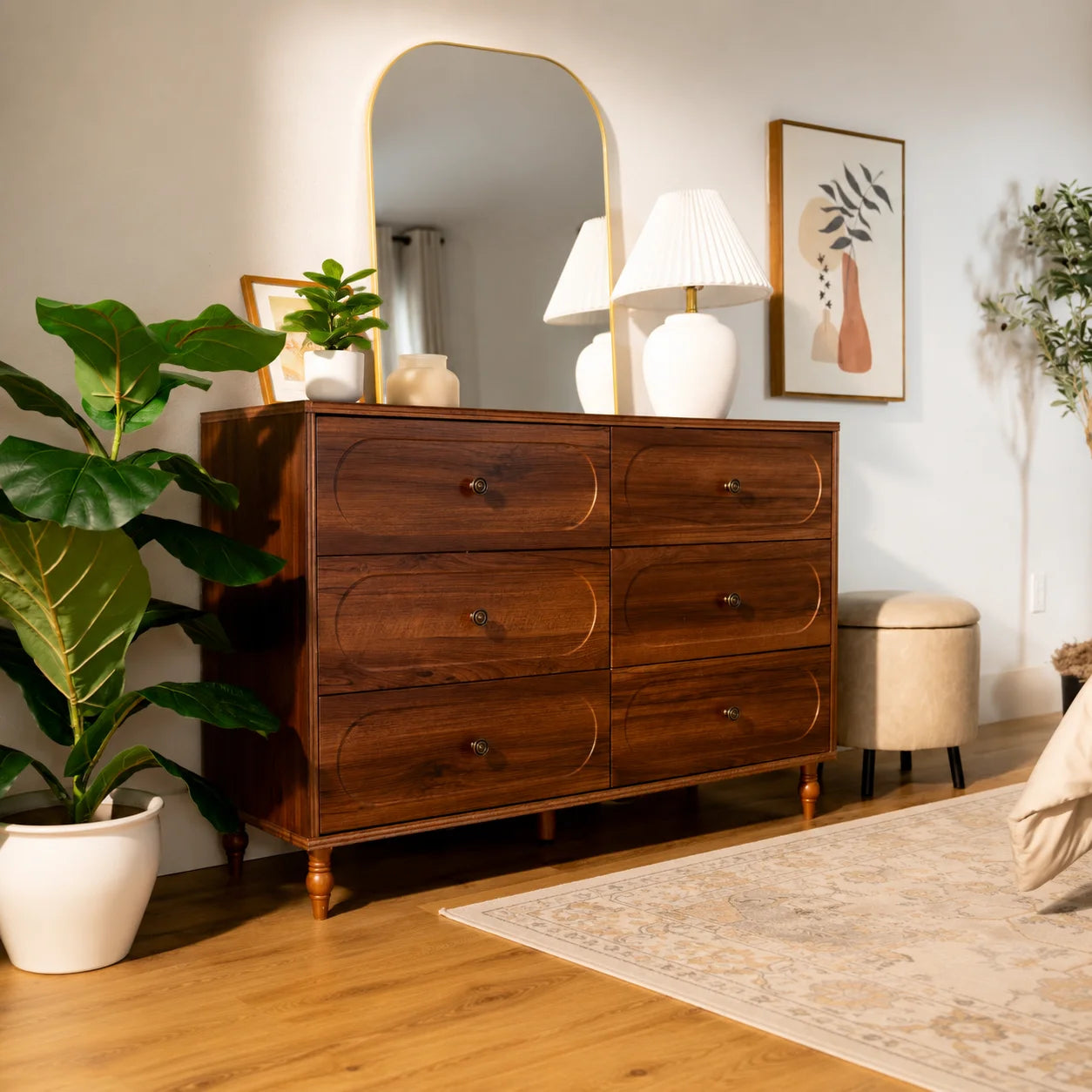 Stylish Mid-Century Modern 6-Drawer Dresser – 47” Wide Dark Walnut Wood Chest with Solid Legs