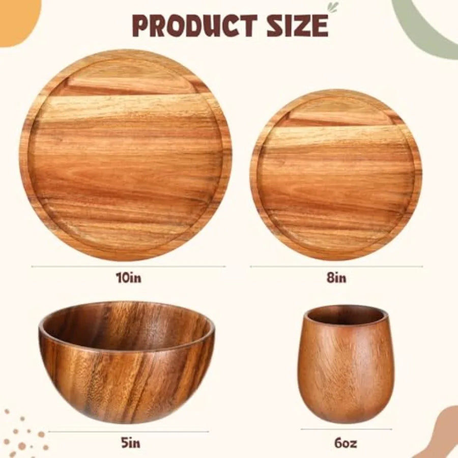 16 Pcs Acacia Wood Dinnerware Set Round Wooden Plates Solid Wooden Bowls and Cups