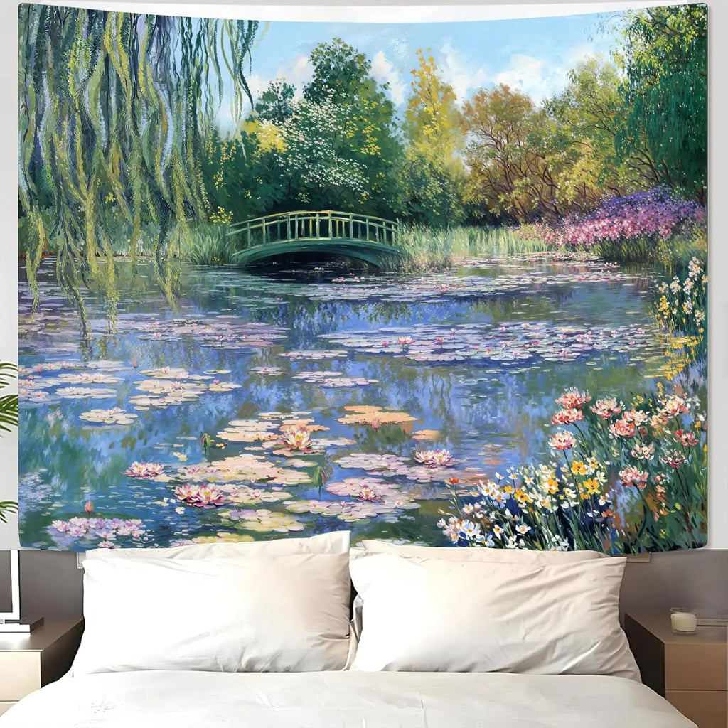 Water Lilies Tapestry Green Floral Wall Art  80x60 Inch