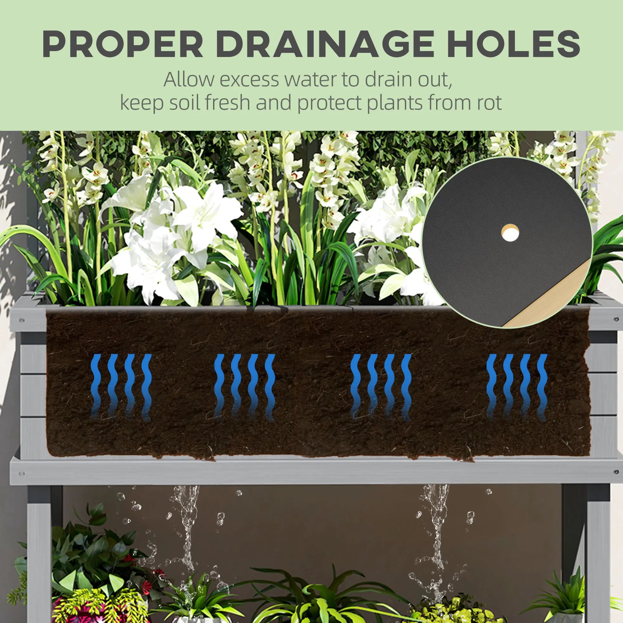Raised Garden Bed with Trellis for Climbing Plants, Wooden Planter with Legs, Drainage Holes & Filter, Gray