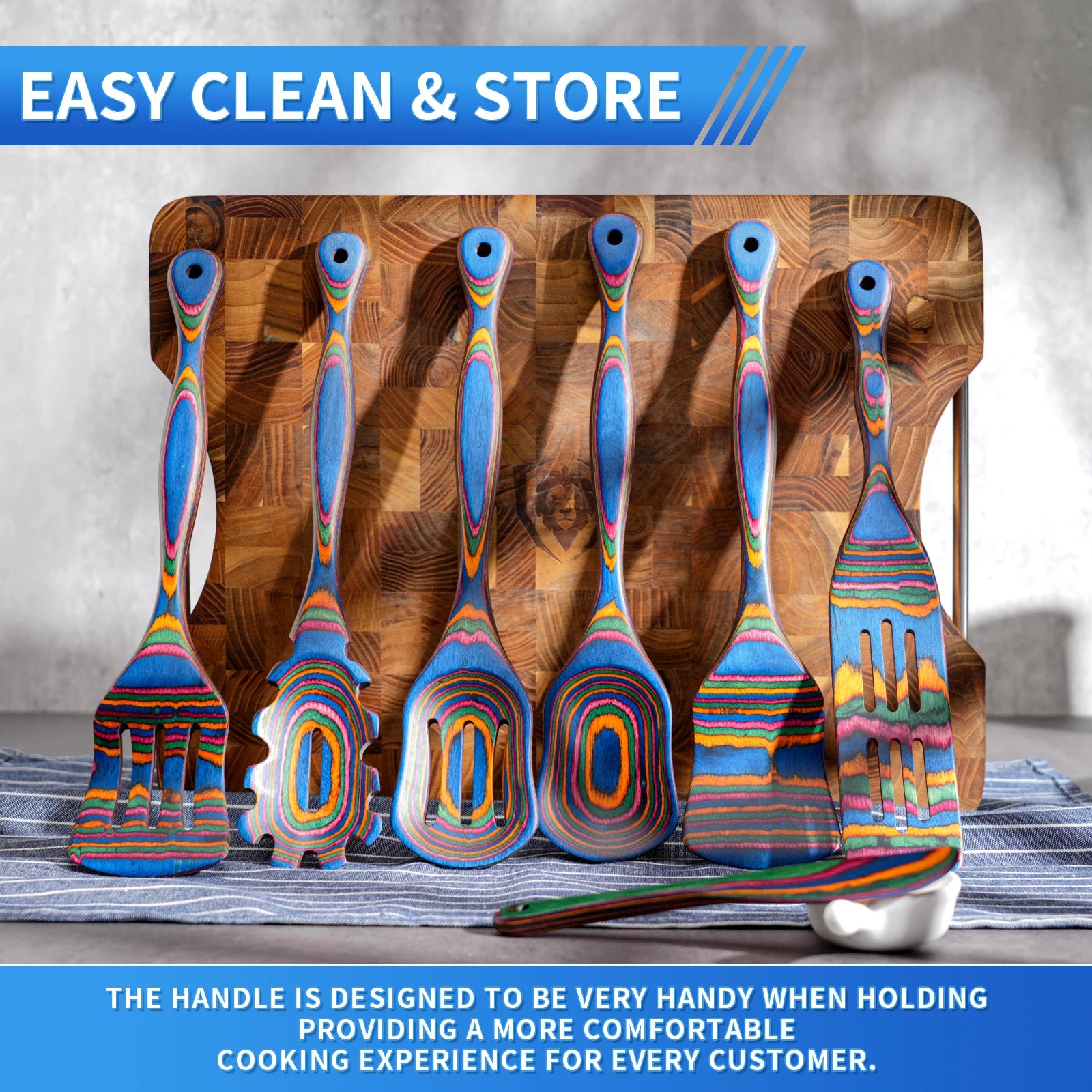 7Pcs Blue Pakkawood Wooden Cooking Utensils,