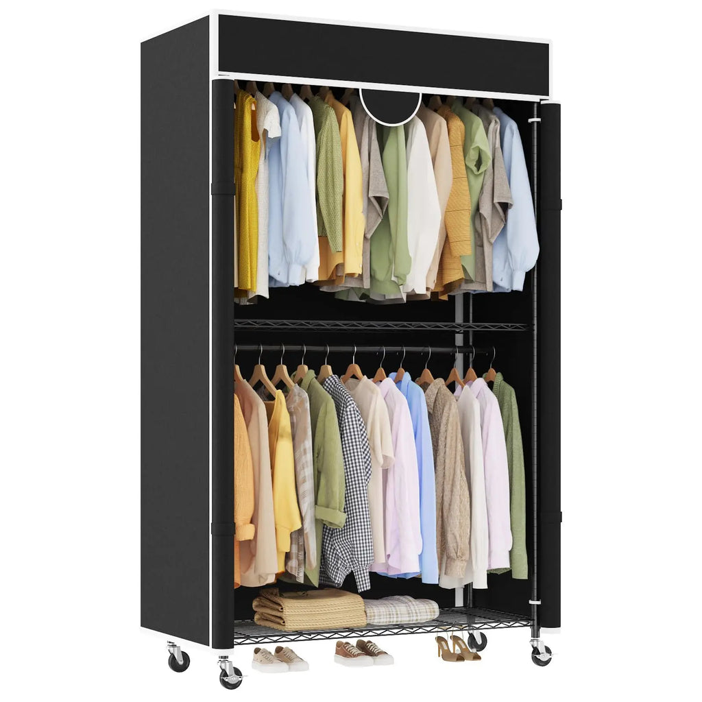 Heavy Duty Clothes Rack with Cover, 485LBS Capacity, Portable Closet Wardrobe on Wheels, Carbon Steel, Dustproof, Tool-Free Assembly