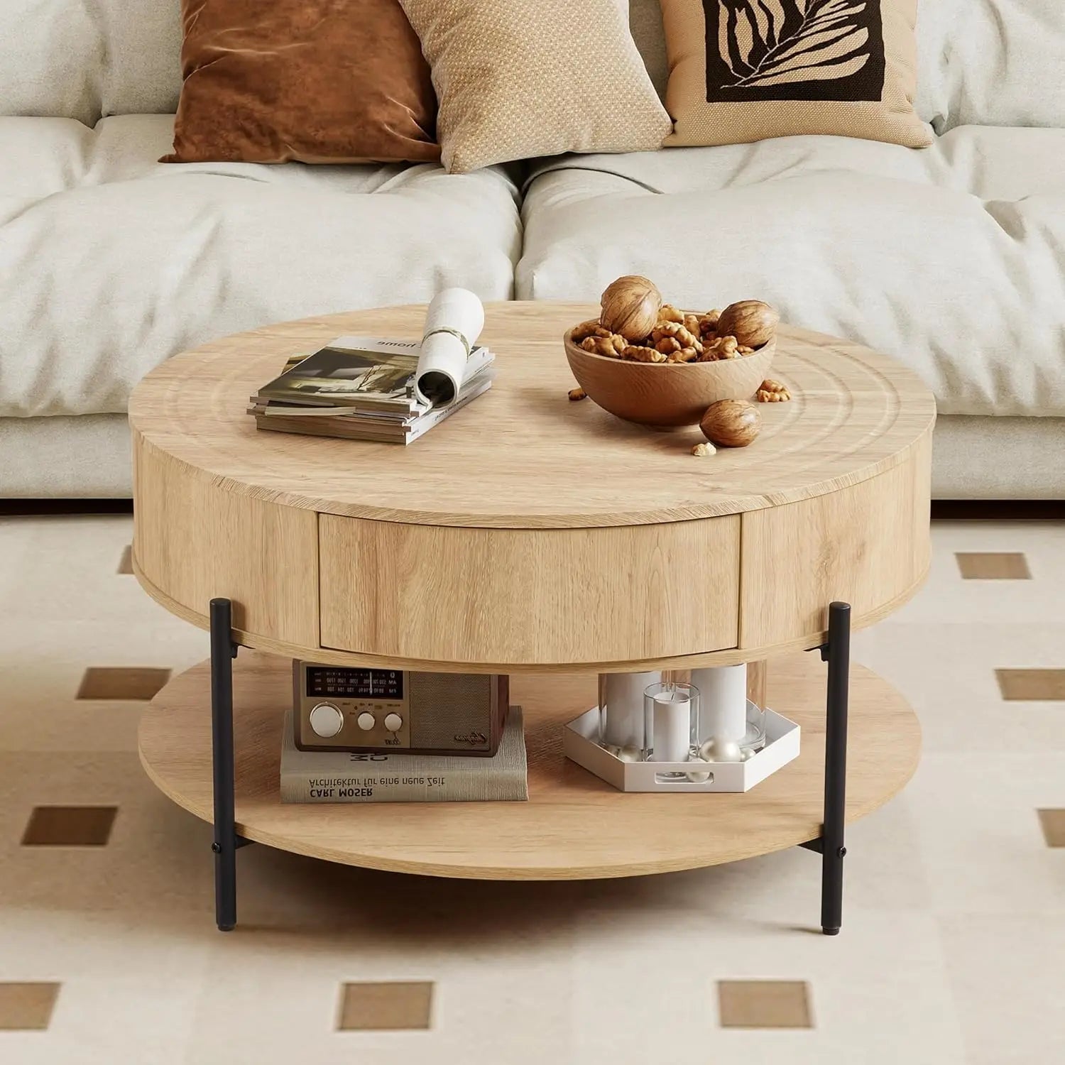 2-Tier Rustic Circle Table with Storage Shelf