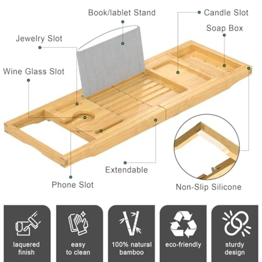 Foldable and Expandable Bamboo Bathtub Caddy Tray for Tub