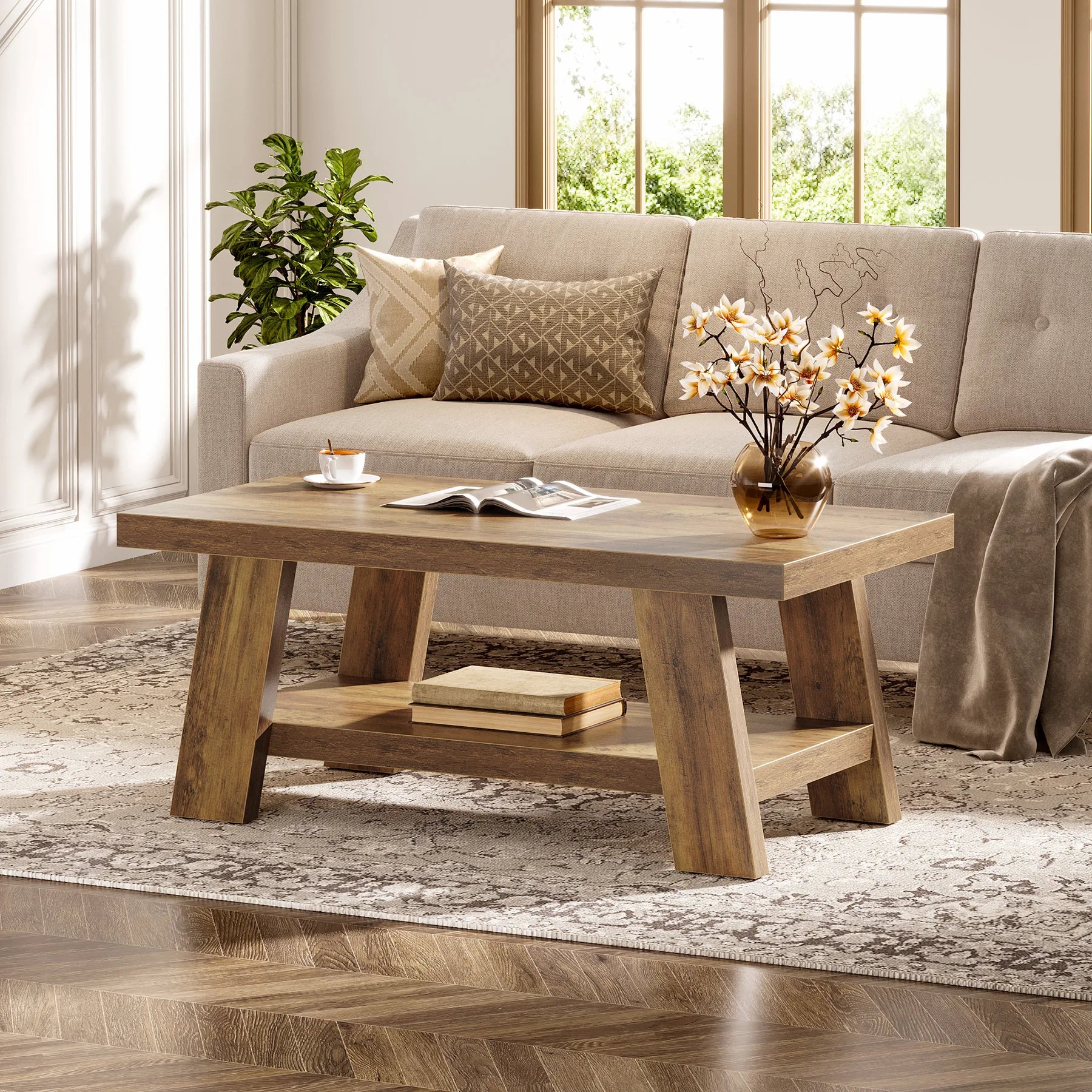 Tribesigns Rectangle Wood Farmhouse Table, Rustic  120 cm , 2-Tier
