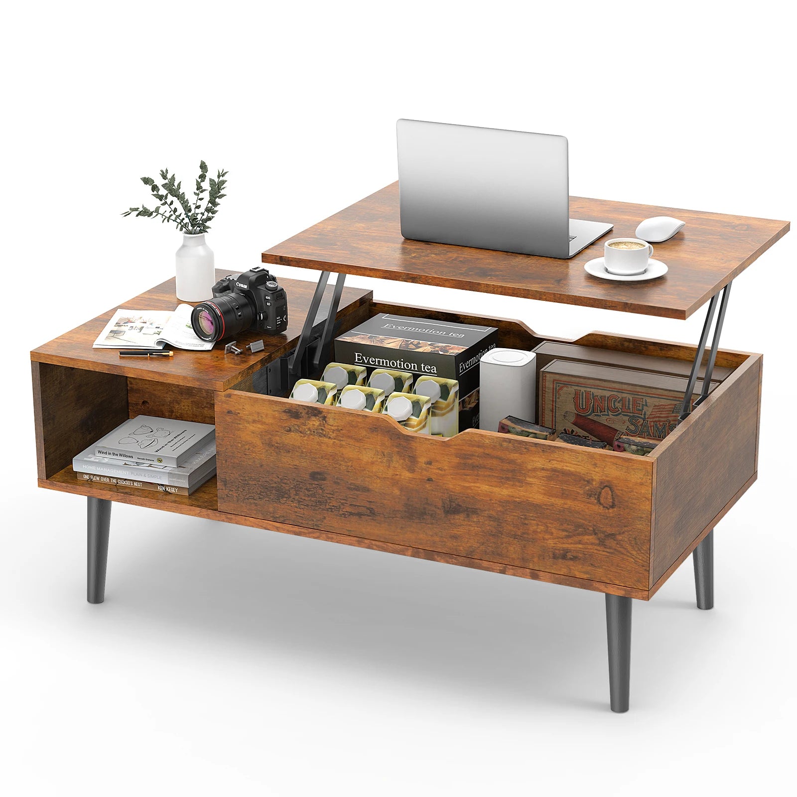 Lift Top Table 39.37"x19.7" Desk Tea Wood  Adjustable Storage Shelf Easy Lift Or Lower