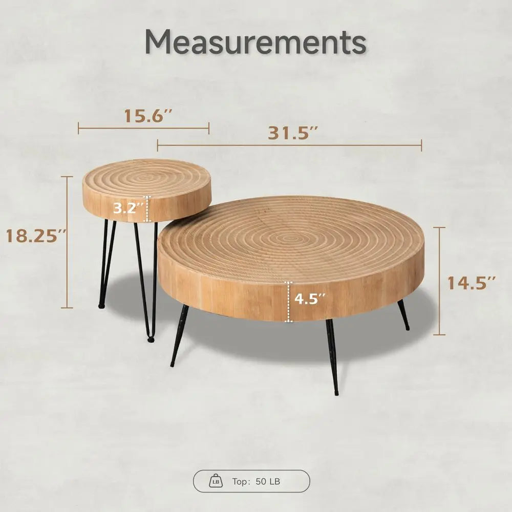 2Piece Round Natural Wood Nesting  Table Set,  Black Metal Legs, Ring Pattern Rustic Farmhouse
