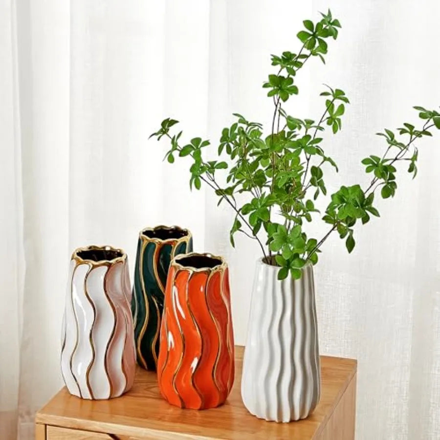 White Vertical Stripe Ceramic Vase for Home Decor