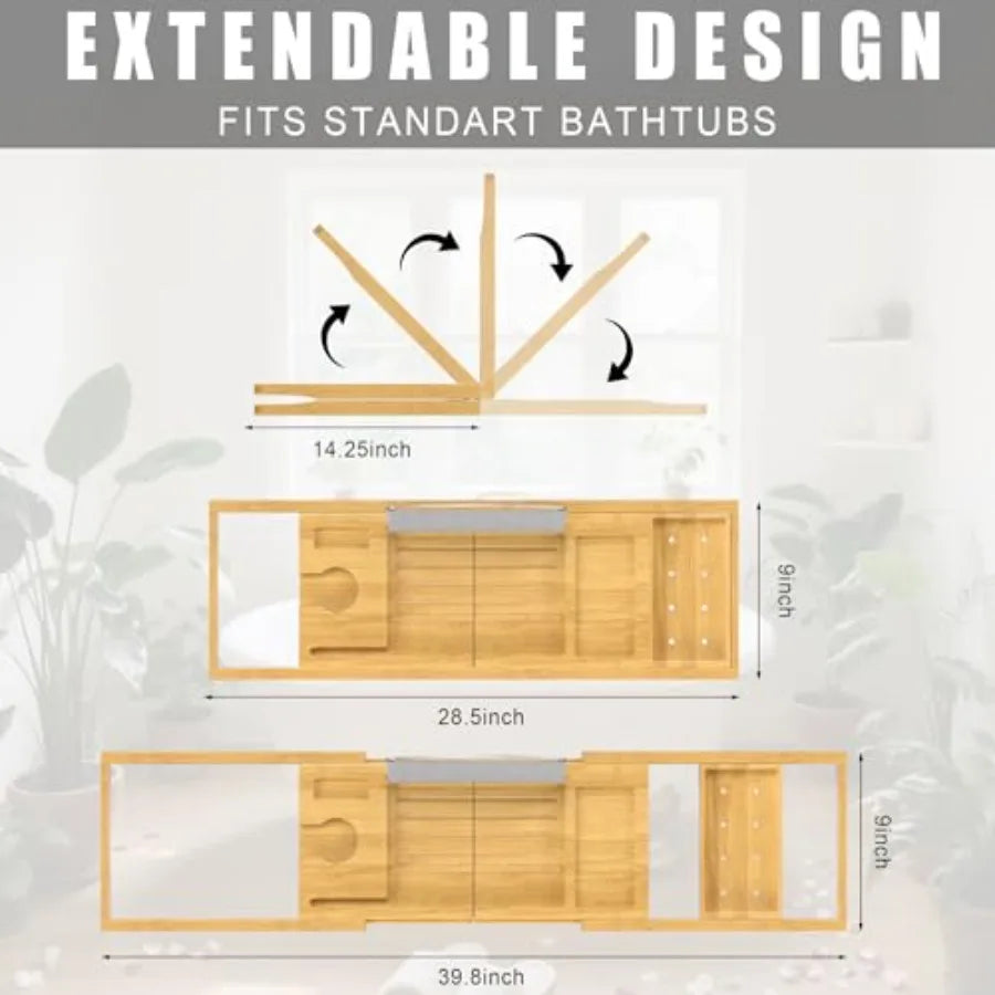 Foldable and Expandable Bamboo Bathtub Caddy Tray for Tub