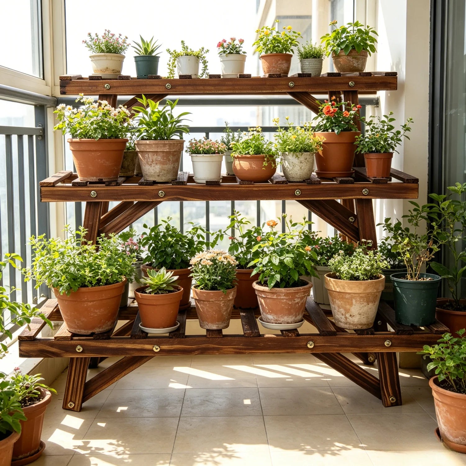 3 Tier Ladder Shelf Wood Plant Stand for Garden Balcony