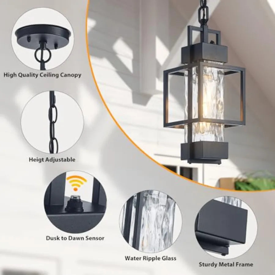 17" Outdoor Chandelier Pendant Light Fixture for Porch Modern Black Dusk to Dawn Exterior Hanging Pendant Lantern