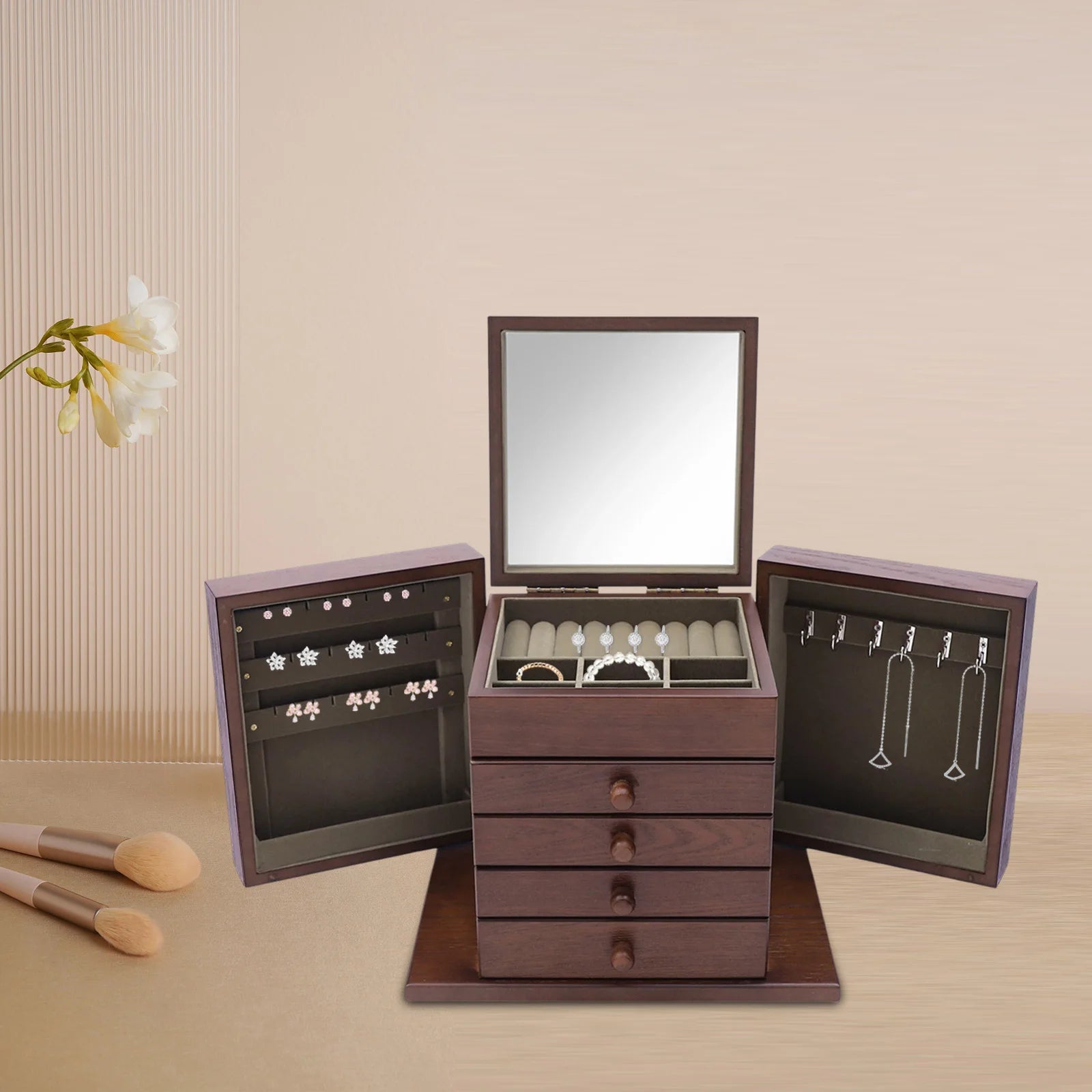 Jewelry Organizer Box, Multi-Compartment Storage Case with 4 Drawers & 6 Hooks & Built-in Mirror, Space-Saving MDF Vanity Stand