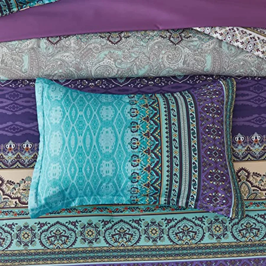 8 Pcs Bed in a Bag Bohemian Striped Bedding Quilt Set Paisley Floral Comforter and Sheet Microfiber