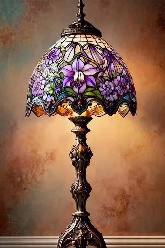 Elegant Vintage Floral Glass Table Lamp Metal Sign Warm Beige