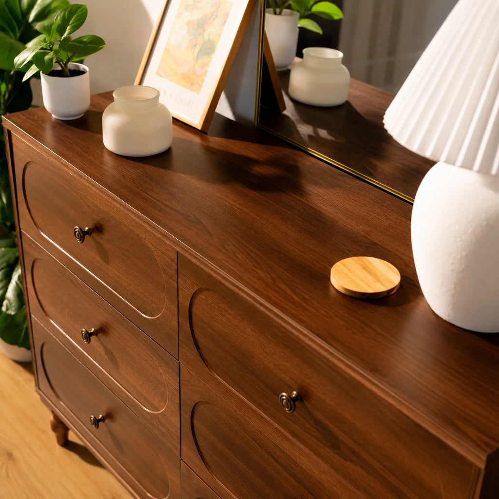 Stylish Mid-Century Modern 6-Drawer Dresser – 47” Wide Dark Walnut Wood Chest with Solid Legs