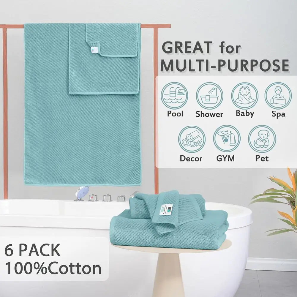 Pure Cotton Luxury Bath Towel Set: 6-Piece with 2 Large, 2 Hand, 2 Washcloths in Aqua Teal