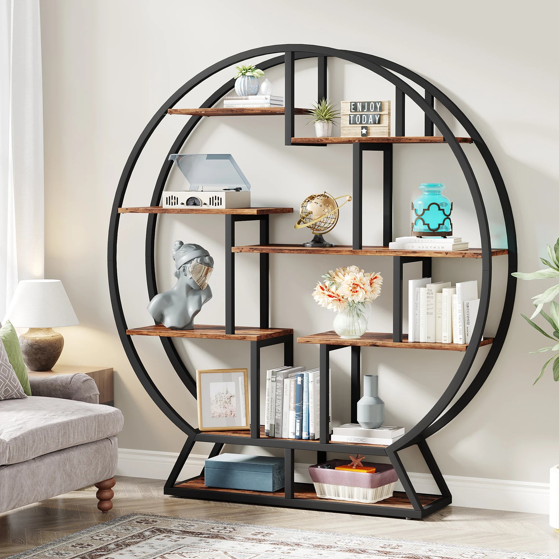 Round Bookshelves Etagere Bookcase, 63-Inch Industrial Wood Book Shelf with Staggered Shelves