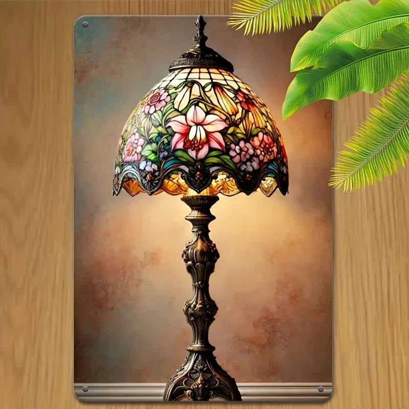 Elegant Vintage Floral Glass Table Lamp Metal Sign Warm Beige