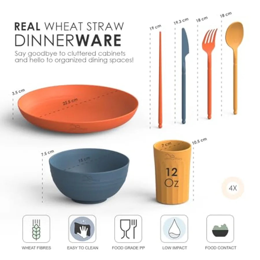 Wheat Straw Dinnerware Sets For 4 - Camping Plates Cups And Bowls Set - Dishwasher Microwave Safe Dishes