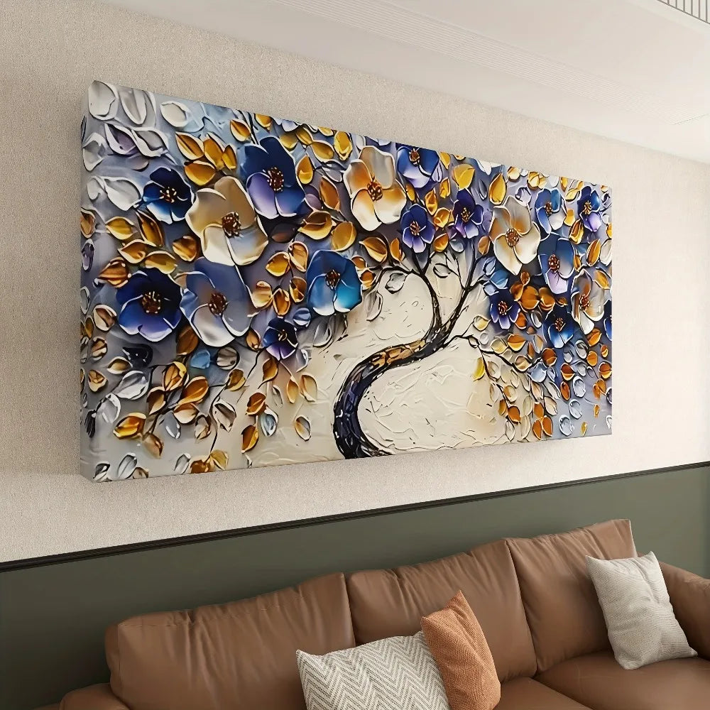 Large abstract blue textured Floral tree canvas art - Boho style,  1.5-inch chunky wood frame