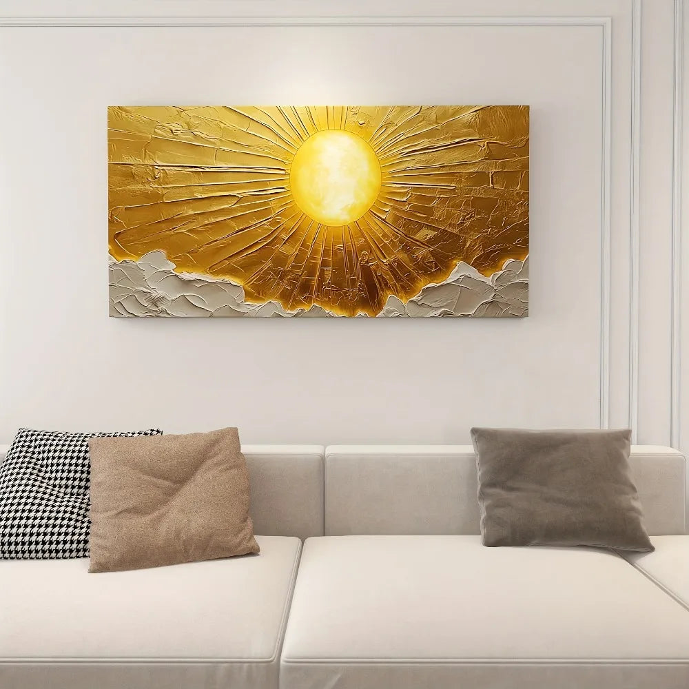 Large abstract sun canvas wall art with 1.5" pine frame