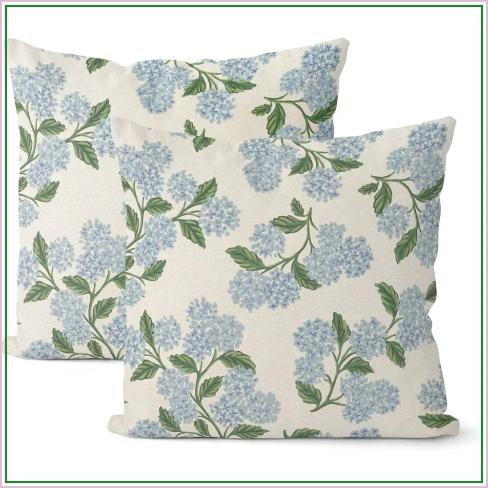 2 pk 18x18 Hydrangea Floral Pillow Covers Blue Green Linen