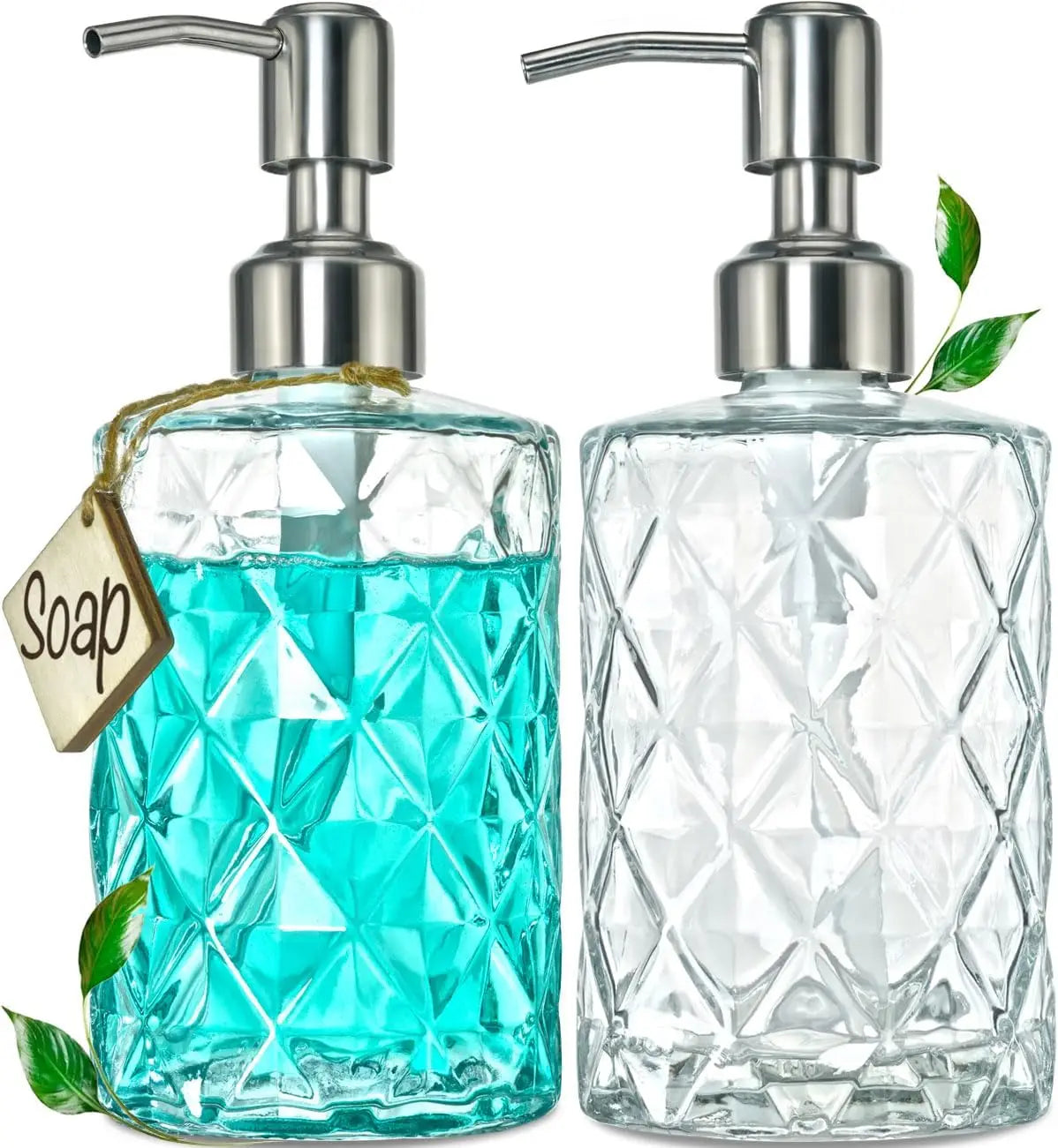 2-Pack Diamond Embossed Glass Soap Dispenser with 304 Stainless Steel Pump, 12 OZ
